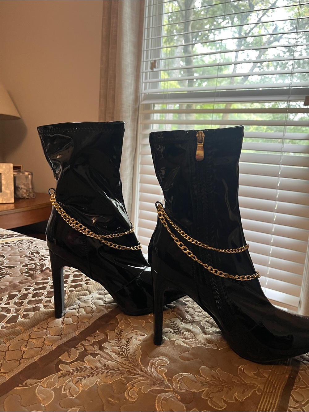 Patent Black Ankle Booties with Gold Chain Detail sz 10